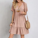 Women's V-Neck Pleated A-Line Dress: Loose Fit & Casual Summer Style - Image 4
