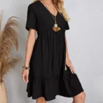 Women's V-Neck Pleated A-Line Dress: Loose Fit & Casual Summer Style - Image 22