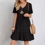 Women's V-Neck Pleated A-Line Dress: Loose Fit & Casual Summer Style - Image 5