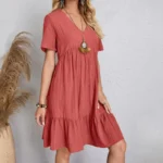Women's V-Neck Pleated A-Line Dress: Loose Fit & Casual Summer Style - Image 21
