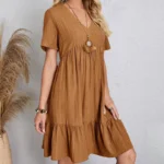 Women's V-Neck Pleated A-Line Dress: Loose Fit & Casual Summer Style - Image 14