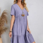 Women's V-Neck Pleated A-Line Dress: Loose Fit & Casual Summer Style - Image 16
