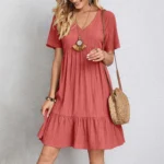 Women's V-Neck Pleated A-Line Dress: Loose Fit & Casual Summer Style - Image 6