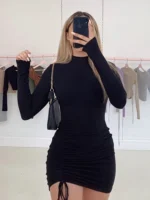 Dozw Women's Ruched Bodycon Dress: Turtleneck, Long Sleeve Mini Dress - Image 3