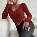 Product Title AOSSVIAO Rib-Knit V-Neck Sweater Elegant Pullover Top for Autumn & Winter - Image 20