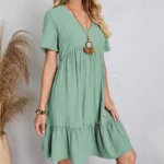 Women's V-Neck Pleated A-Line Dress: Loose Fit & Casual Summer Style - Image 23