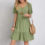 Women's V-Neck Pleated A-Line Dress: Loose Fit & Casual Summer Style - Image 3