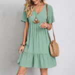Women's V-Neck Pleated A-Line Dress: Loose Fit & Casual Summer Style - Image 2