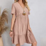 Women's V-Neck Pleated A-Line Dress: Loose Fit & Casual Summer Style - Image 17