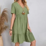 Women's V-Neck Pleated A-Line Dress: Loose Fit & Casual Summer Style - Image 20