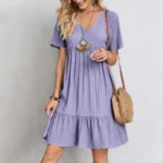 Women's V-Neck Pleated A-Line Dress: Loose Fit & Casual Summer Style - Image 8