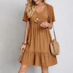 Women's V-Neck Pleated A-Line Dress: Loose Fit & Casual Summer Style - Image 7