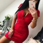 Yezw Knitted Bodycon Mini Dress: V-Neck & Button Detail - Image 16