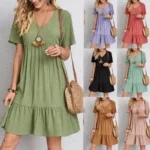 Women's V-Neck Pleated A-Line Dress: Loose Fit & Casual Summer Style